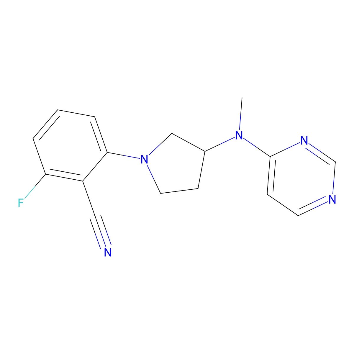 2-Fluoro-6-{3-[methyl(pyrimidin-4-yl)amino]pyrrolidin-1-yl}benzonitrile molecular structure, CAS 3054600-90-4