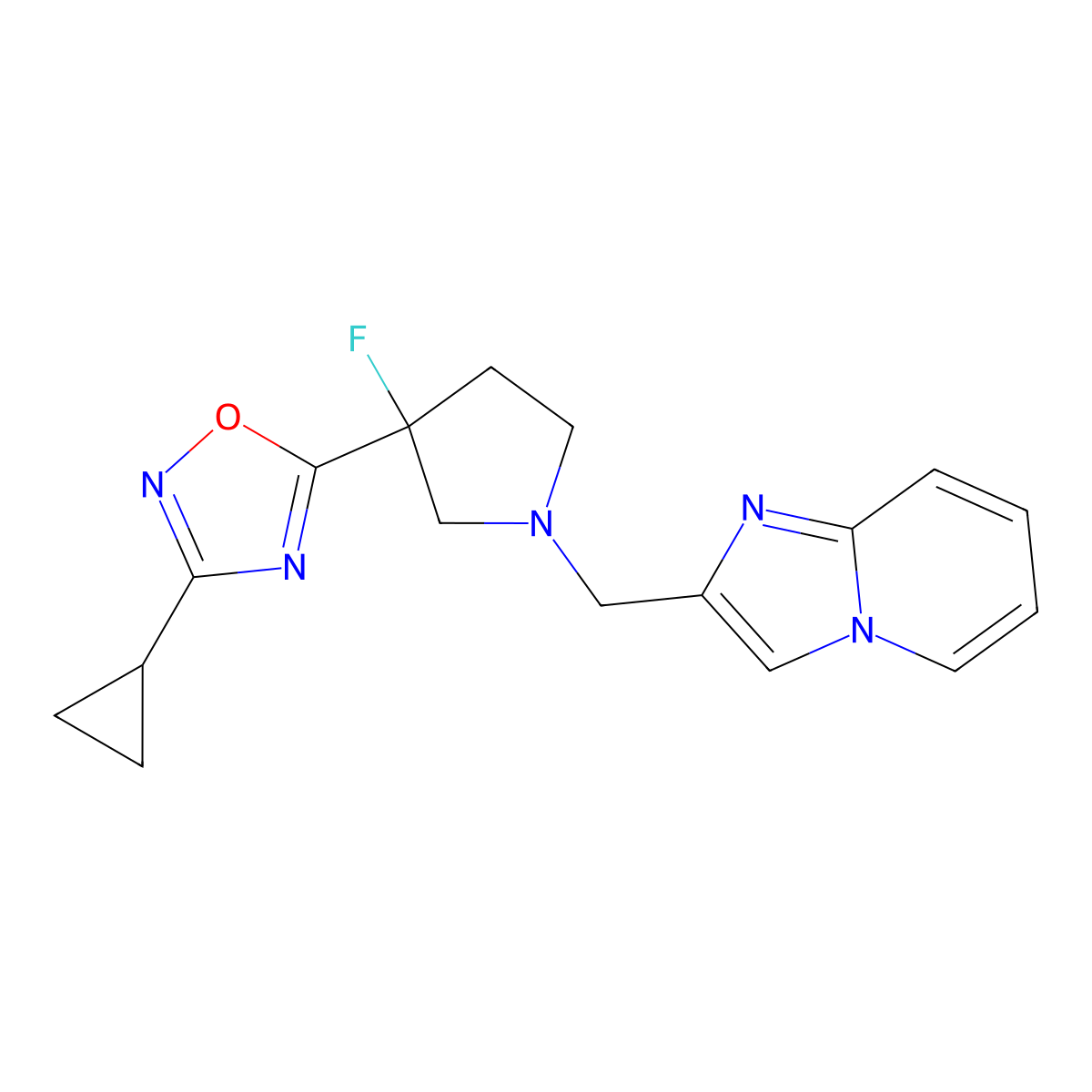 3-Cyclopropyl-5-[3-fluoro-1-({imidazo[1,2-a]pyridin-2-yl}methyl)pyrrolidin-3-yl]-1,2,4-oxadiazole molecular structure, CAS 3054600-96-0