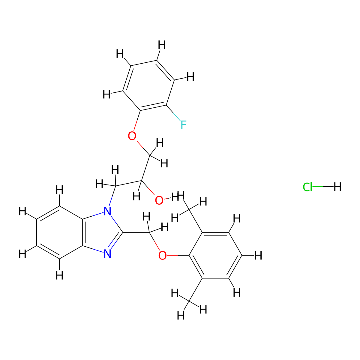 1-{2-[(2,6-dimethylphenoxy)methyl]-1H-1,3-benzodiazol-1-yl}-3-(2-fluorophenoxy)propan-2-ol hydrochloride molecular structure, CAS 3054601-04-3