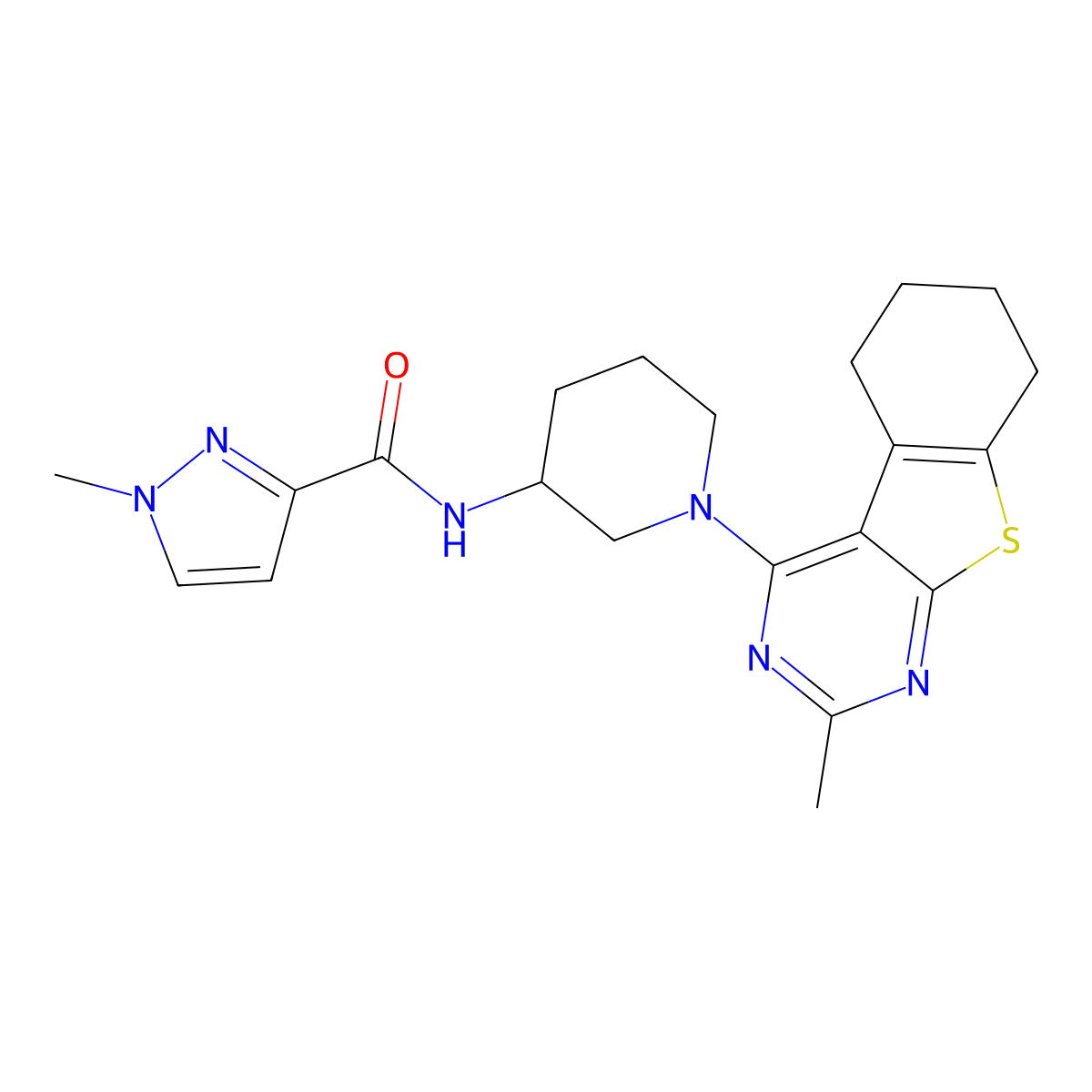 1-methyl-N-(1-{5-methyl-8-thia-4,6-diazatricyclo[7.4.0.0(2),]trideca-1(9),2,4,6-tetraen-3-yl}piperidin-3-yl)-1H-pyrazole-3-carboxamide molecular structure, CAS 3054601-06-5