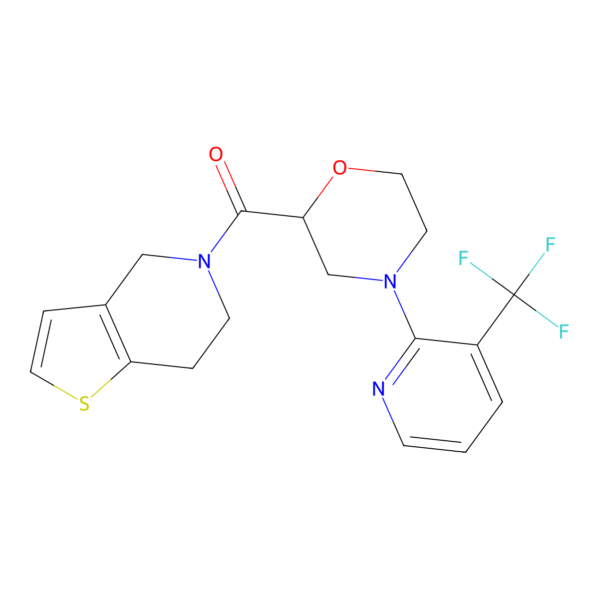 2-{4H,5H,6H,7H-thieno[3,2-c]pyridine-5-carbonyl}-4-[3-(trifluoromethyl)pyridin-2-yl]morpholine molecular structure, CAS 3054601-11-2