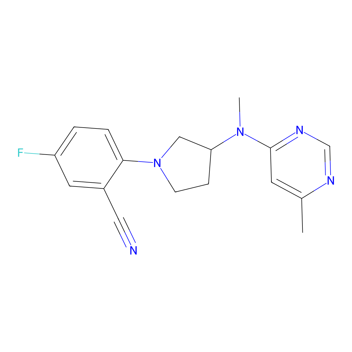 5-Fluoro-2-{3-[methyl(6-methylpyrimidin-4-yl)amino]pyrrolidin-1-yl}benzonitrile molecular structure, CAS 3054601-15-6