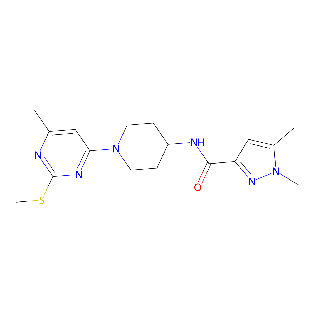 1,5-dimethyl-N-{1-[6-methyl-2-(methylsulfanyl)pyrimidin-4-yl]piperidin-4-yl}-1H-pyrazole-3-carboxamide molecular structure, CAS 3054601-17-8