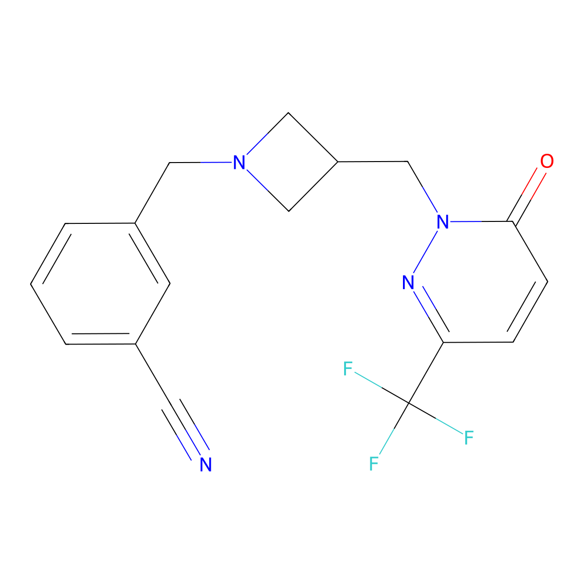 3-[(3-{[6-Oxo-3-(trifluoromethyl)-1,6-dihydropyridazin-1-yl]methyl}azetidin-1-yl)methyl]benzonitrile molecular structure, CAS 3054601-19-0