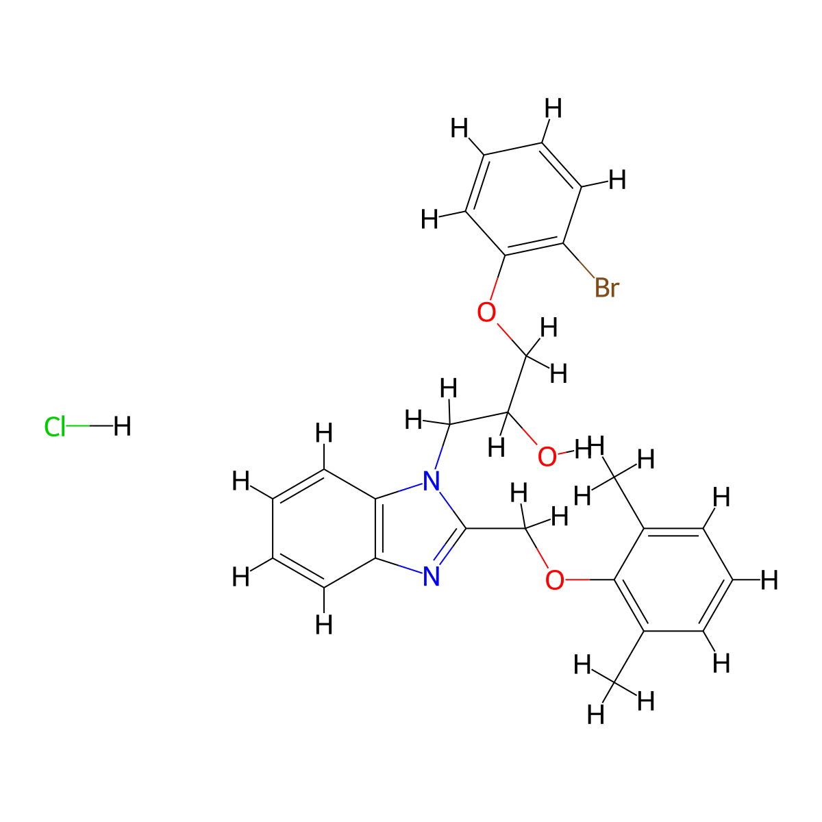 1-(2-Bromophenoxy)-3-[2-[(2,6-dimethylphenoxy)methyl]benzimidazol-1-yl]propan-2-ol;hydrochloride molecular structure, CAS 3054601-23-6