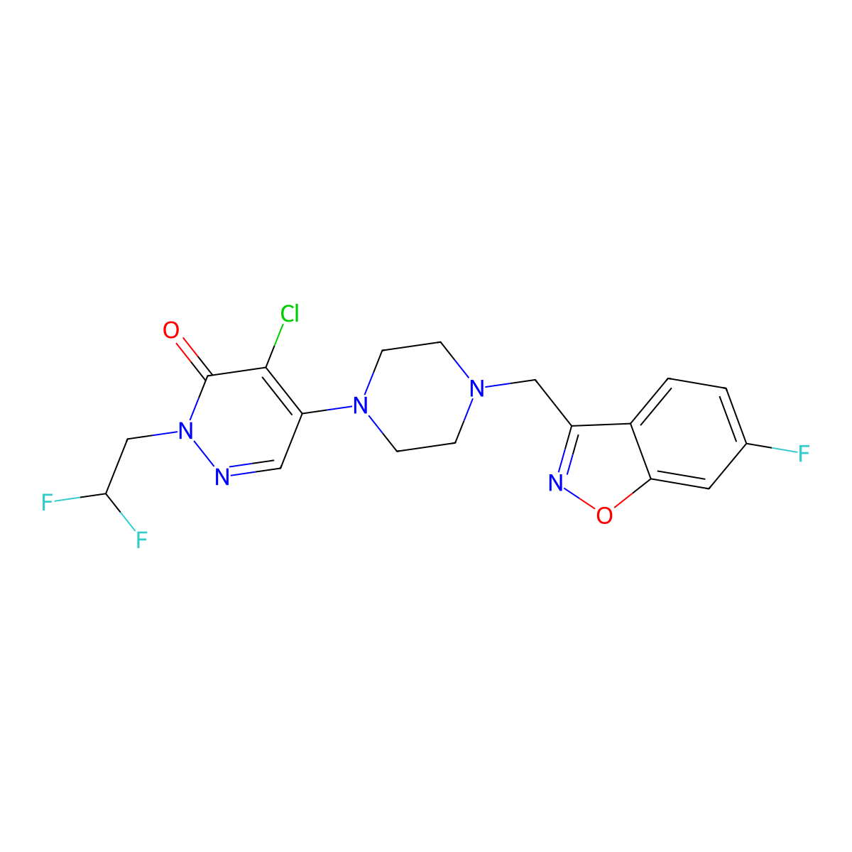 4-Chloro-2-(2,2-difluoroethyl)-5-[4-[(6-fluoro-1,2-benzoxazol-3-yl)methyl]piperazin-1-yl]pyridazin-3-one molecular structure, CAS 3054601-27-0