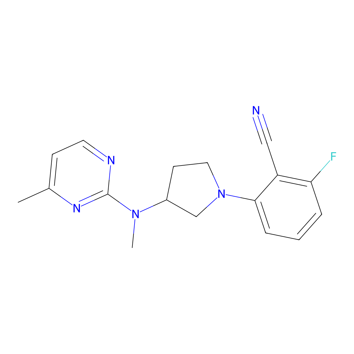 2-Fluoro-6-{3-[methyl(4-methylpyrimidin-2-yl)amino]pyrrolidin-1-yl}benzonitrile molecular structure, CAS 3054601-33-8