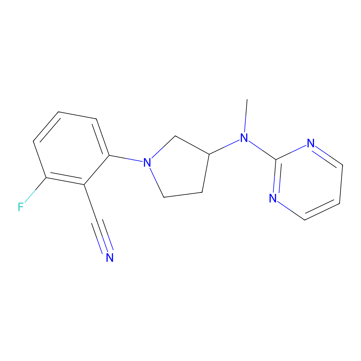 2-Fluoro-6-[3-[methyl(pyrimidin-2-yl)amino]pyrrolidin-1-yl]benzonitrile molecular structure, CAS 3054601-34-9