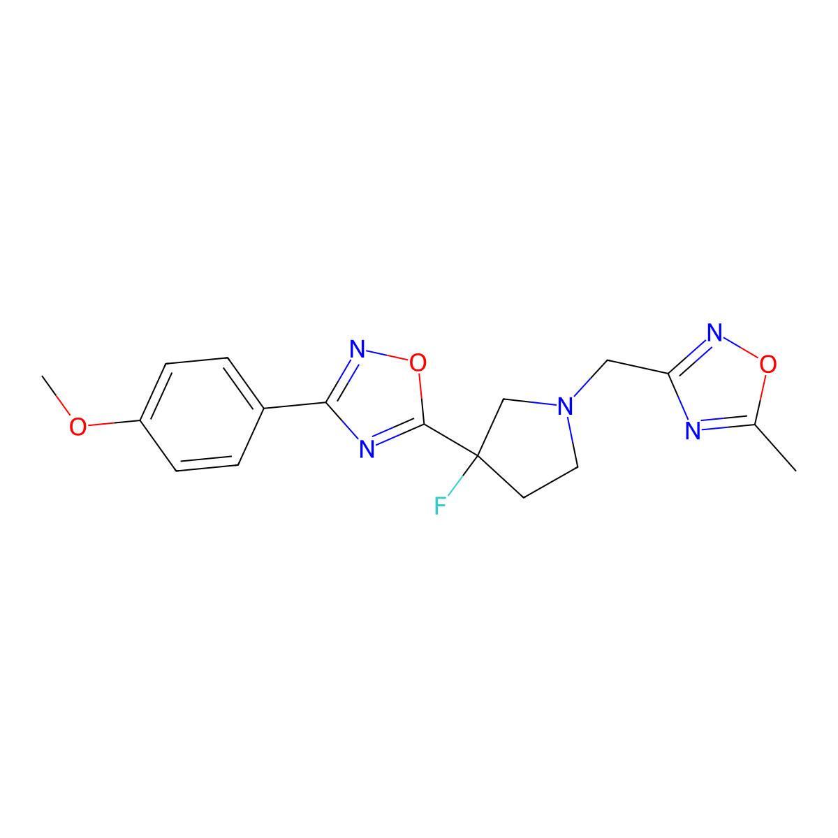 5-{3-Fluoro-1-[(5-methyl-1,2,4-oxadiazol-3-yl)methyl]pyrrolidin-3-yl}-3-(4-methoxyphenyl)-1,2,4-oxadiazole molecular structure, CAS 3054601-39-4