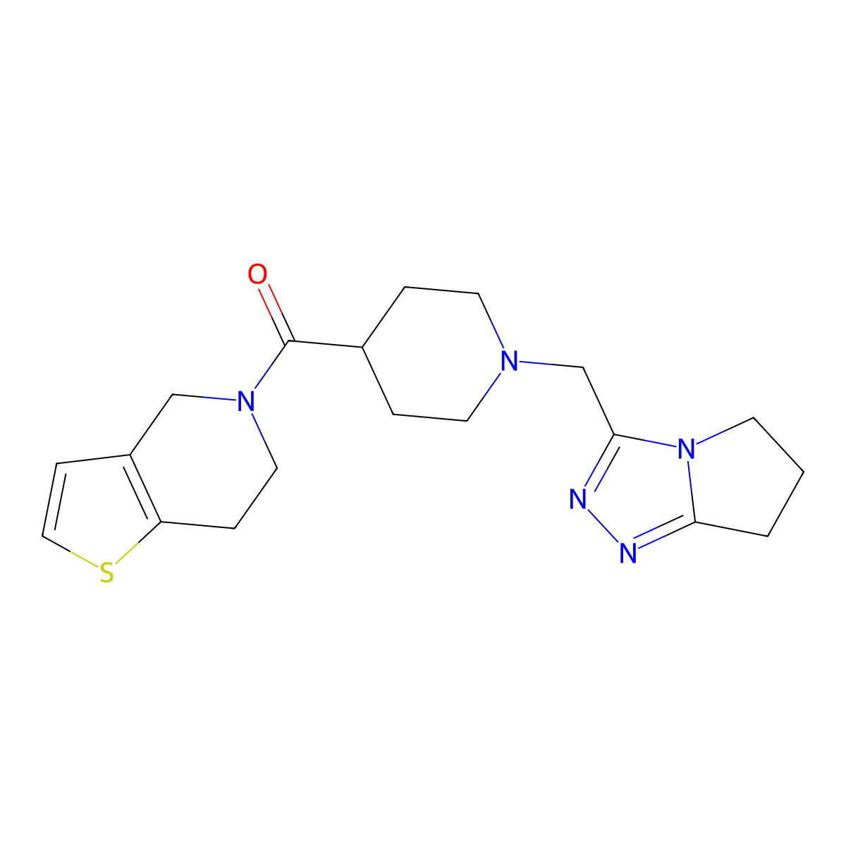 1-({5H,6H,7H-pyrrolo[2,1-c][1,2,4]triazol-3-yl}methyl)-4-{4H,5H,6H,7H-thieno[3,2-c]pyridine-5-carbonyl}piperidine molecular structure, CAS 3054601-42-9