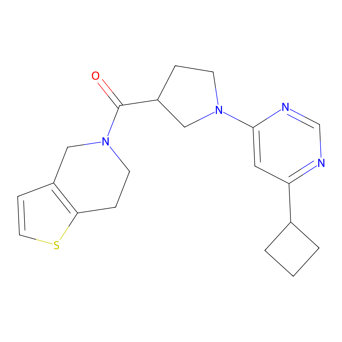 4-cyclobutyl-6-(3-{4H,5H,6H,7H-thieno[3,2-c]pyridine-5-carbonyl}pyrrolidin-1-yl)pyrimidine molecular structure, CAS 3054601-43-0