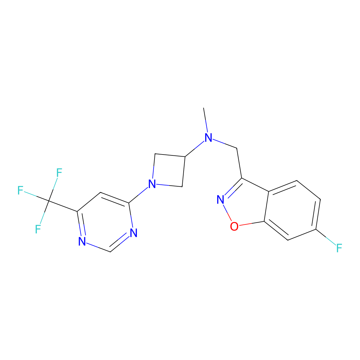 N-[(6-fluoro-1,2-benzoxazol-3-yl)methyl]-N-methyl-1-[6-(trifluoromethyl)pyrimidin-4-yl]azetidin-3-amine molecular structure, CAS 3054601-46-3