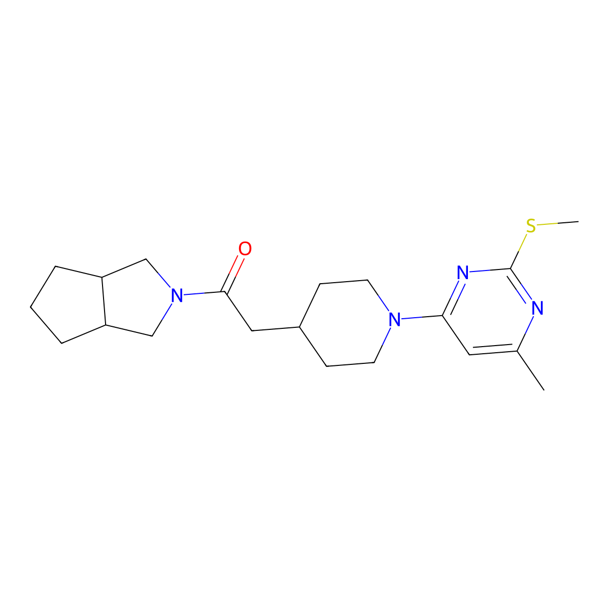 2-{1-[6-Methyl-2-(methylsulfanyl)pyrimidin-4-yl]piperidin-4-yl}-1-{octahydrocyclopenta[c]pyrrol-2-yl}ethan-1-one molecular structure, CAS 3054601-49-6