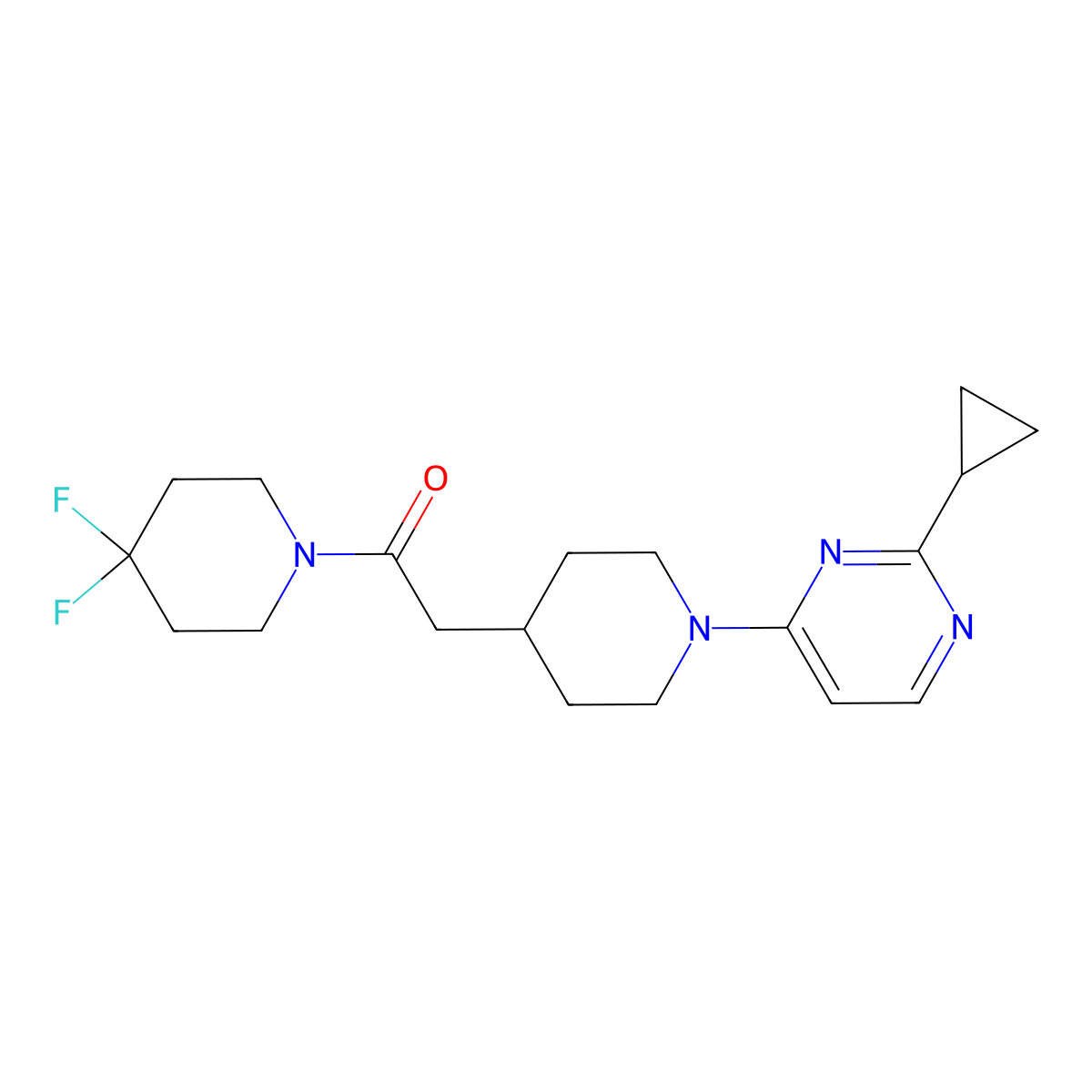 2-[1-(2-Cyclopropylpyrimidin-4-yl)piperidin-4-yl]-1-(4,4-difluoropiperidin-1-yl)ethan-1-one molecular structure, CAS 3054601-53-2