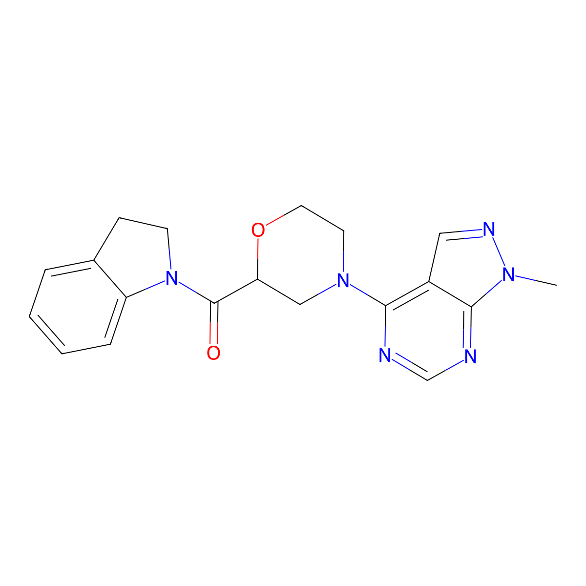 1-(4-{1-methyl-1H-pyrazolo[3,4-d]pyrimidin-4-yl}morpholine-2-carbonyl)-2,3-dihydro-1H-indole molecular structure, CAS 3054601-55-4