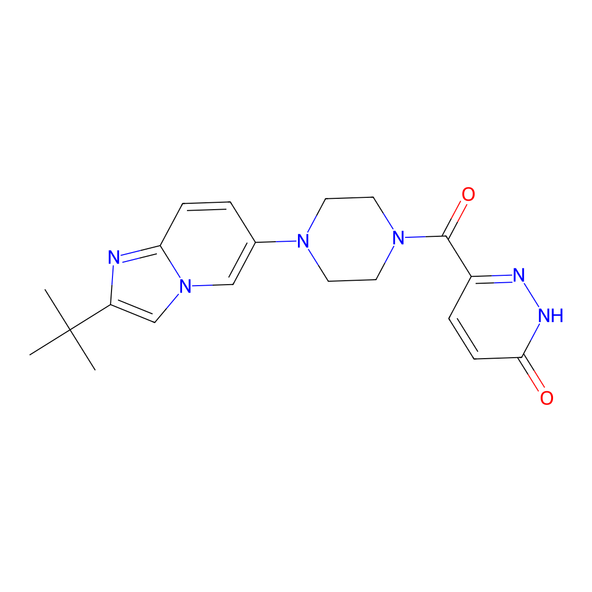 6-(4-{2-Tert-butylimidazo[1,2-a]pyridin-6-yl}piperazine-1-carbonyl)-2,3-dihydropyridazin-3-one molecular structure, CAS 3054601-65-6