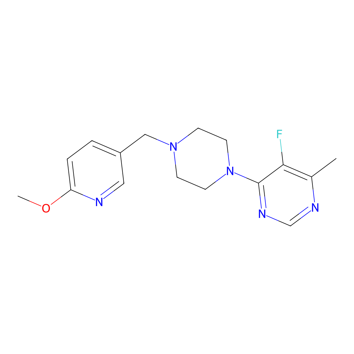 5-Fluoro-4-{4-[(6-methoxypyridin-3-yl)methyl]piperazin-1-yl}-6-methylpyrimidine molecular structure, CAS 3054601-67-8
