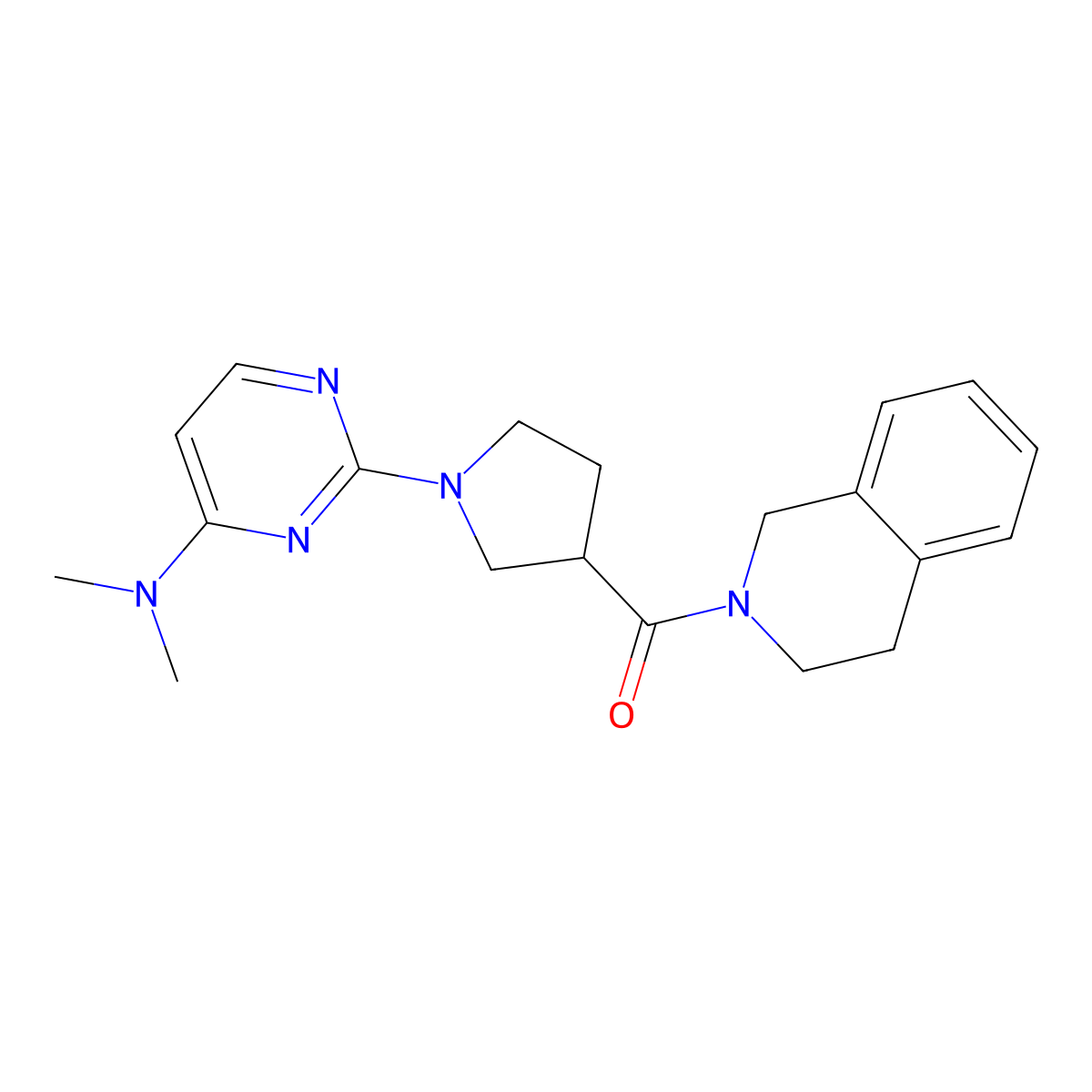 N,N-dimethyl-2-[3-(1,2,3,4-tetrahydroisoquinoline-2-carbonyl)pyrrolidin-1-yl]pyrimidin-4-amine molecular structure, CAS 3054601-71-4