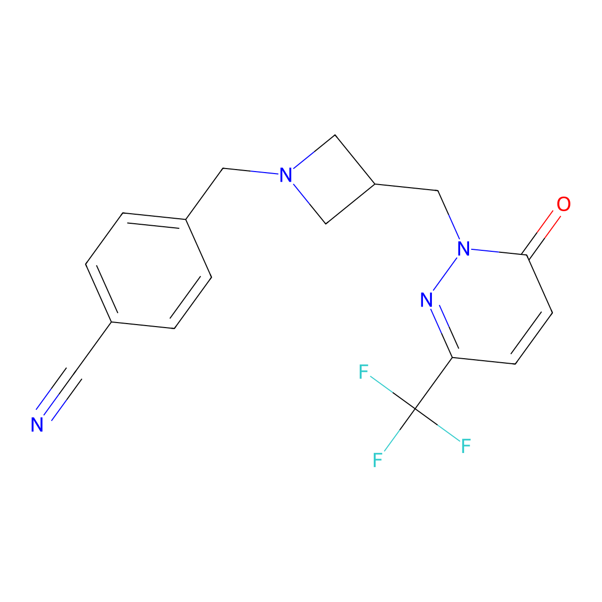 4-[(3-{[6-Oxo-3-(trifluoromethyl)-1,6-dihydropyridazin-1-yl]methyl}azetidin-1-yl)methyl]benzonitrile molecular structure, CAS 3054601-72-5