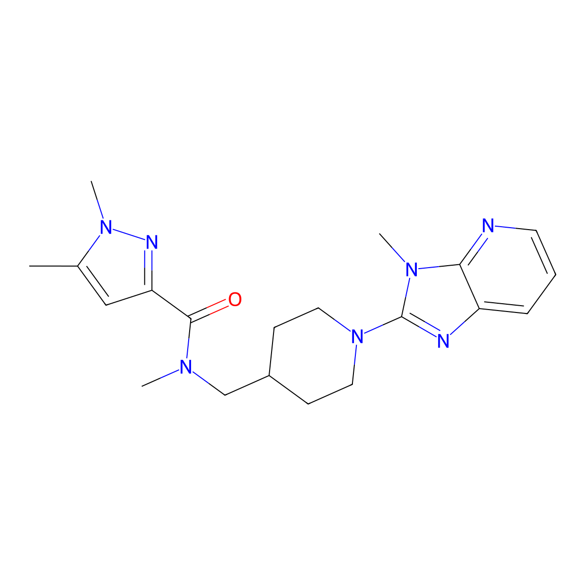 N,1,5-trimethyl-N-[(1-{3-methyl-3H-imidazo[4,5-b]pyridin-2-yl}piperidin-4-yl)methyl]-1H-pyrazole-3-carboxamide molecular structure, CAS 3054601-89-4