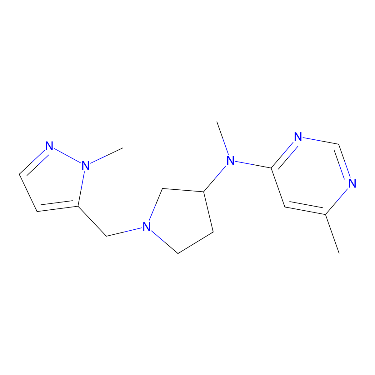 N,6-dimethyl-N-{1-[(1-methyl-1H-pyrazol-5-yl)methyl]pyrrolidin-3-yl}pyrimidin-4-amine molecular structure, CAS 3054601-97-4