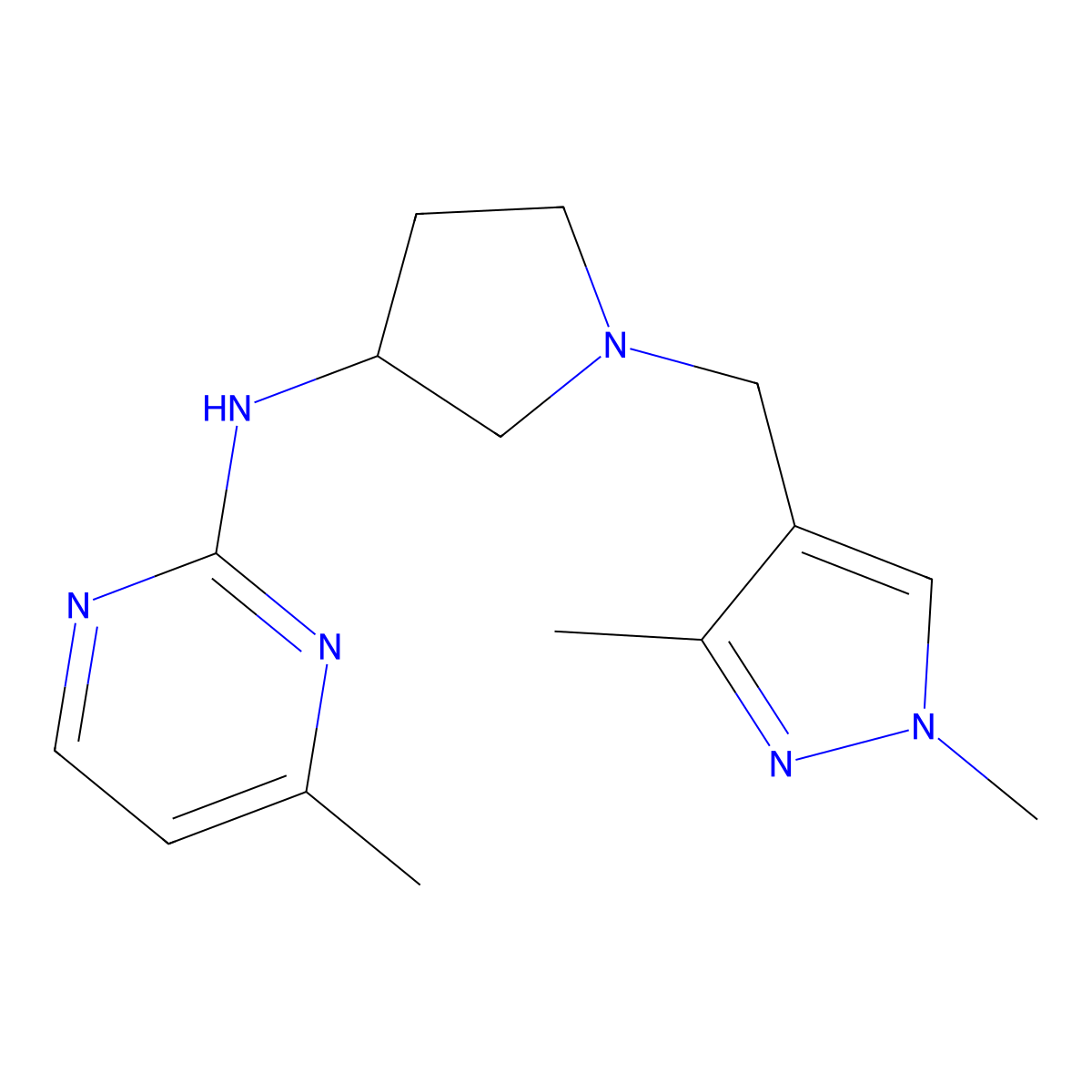 N-{1-[(1,3-dimethyl-1H-pyrazol-4-yl)methyl]pyrrolidin-3-yl}-4-methylpyrimidin-2-amine molecular structure, CAS 3054602-04-6