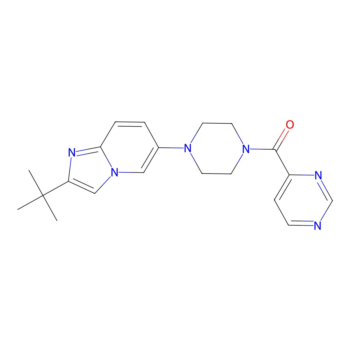 4-(4-{2-Tert-butylimidazo[1,2-a]pyridin-6-yl}piperazine-1-carbonyl)pyrimidine molecular structure, CAS 3054602-08-0