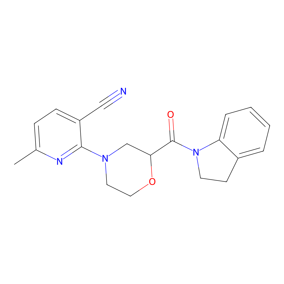 2-[2-(2,3-dihydro-1H-indole-1-carbonyl)morpholin-4-yl]-6-methylpyridine-3-carbonitrile molecular structure, CAS 3054602-23-9