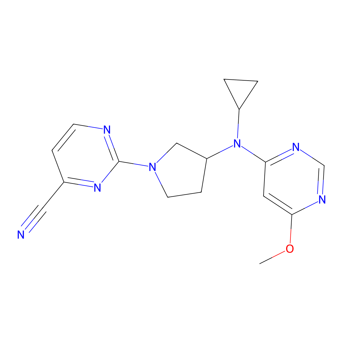 2-{3-[Cyclopropyl(6-methoxypyrimidin-4-yl)amino]pyrrolidin-1-yl}pyrimidine-4-carbonitrile molecular structure, CAS 3054602-25-1