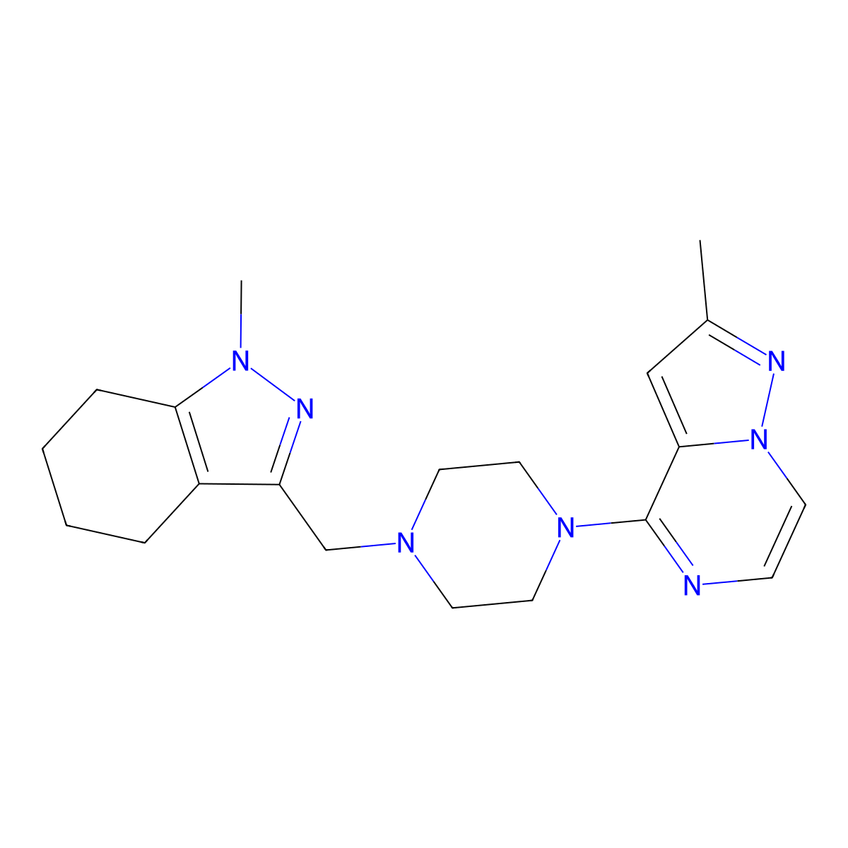 1-methyl-3-[(4-{2-methylpyrazolo[1,5-a]pyrazin-4-yl}piperazin-1-yl)methyl]-4,5,6,7-tetrahydro-1H-indazole molecular structure, CAS 3054602-27-3