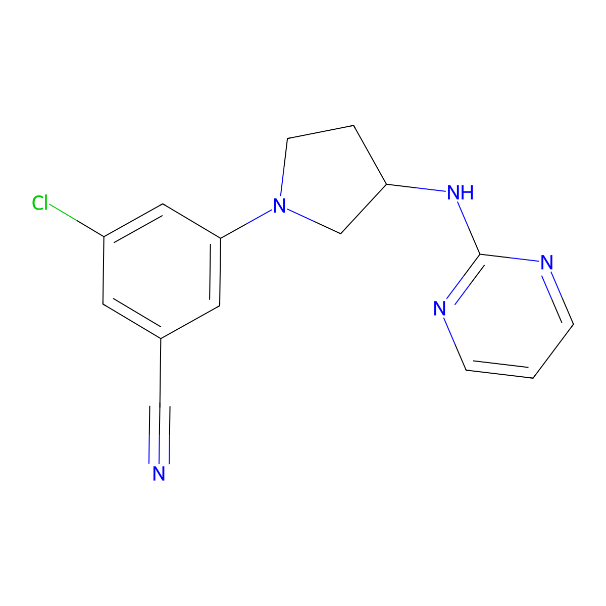 3-Chloro-5-{3-[(pyrimidin-2-yl)amino]pyrrolidin-1-yl}benzonitrile molecular structure, CAS 3054602-28-4