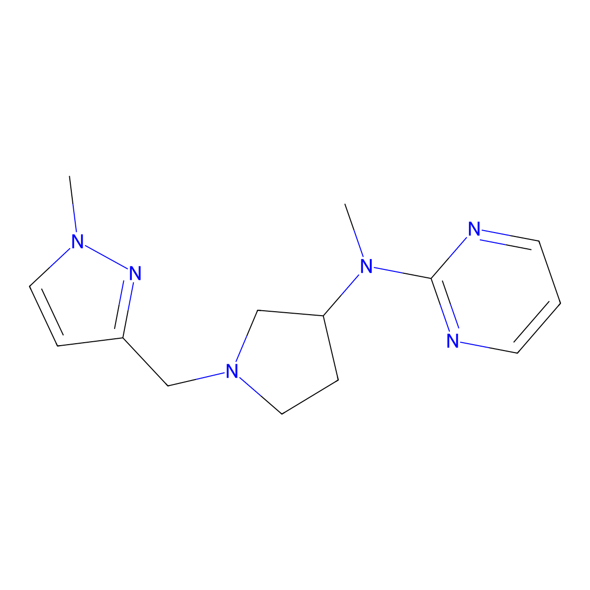 N-methyl-N-{1-[(1-methyl-1H-pyrazol-3-yl)methyl]pyrrolidin-3-yl}pyrimidin-2-amine molecular structure, CAS 3054602-36-4