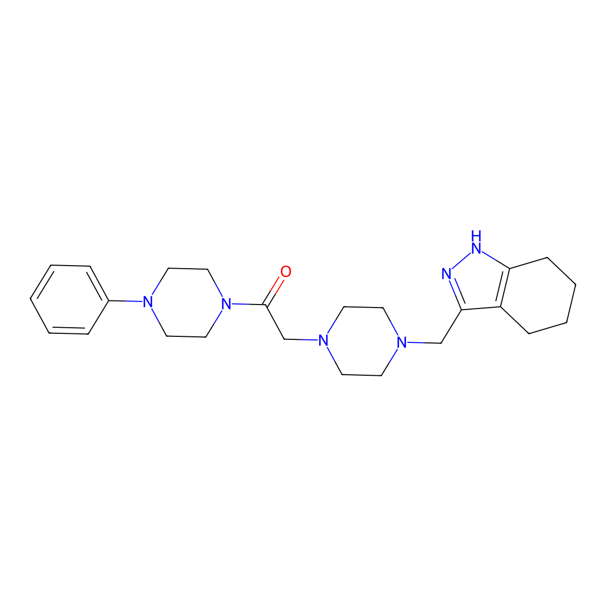 1-(4-phenylpiperazin-1-yl)-2-{4-[(4,5,6,7-tetrahydro-1H-indazol-3-yl)methyl]piperazin-1-yl}ethan-1-one molecular structure, CAS 3054602-37-5