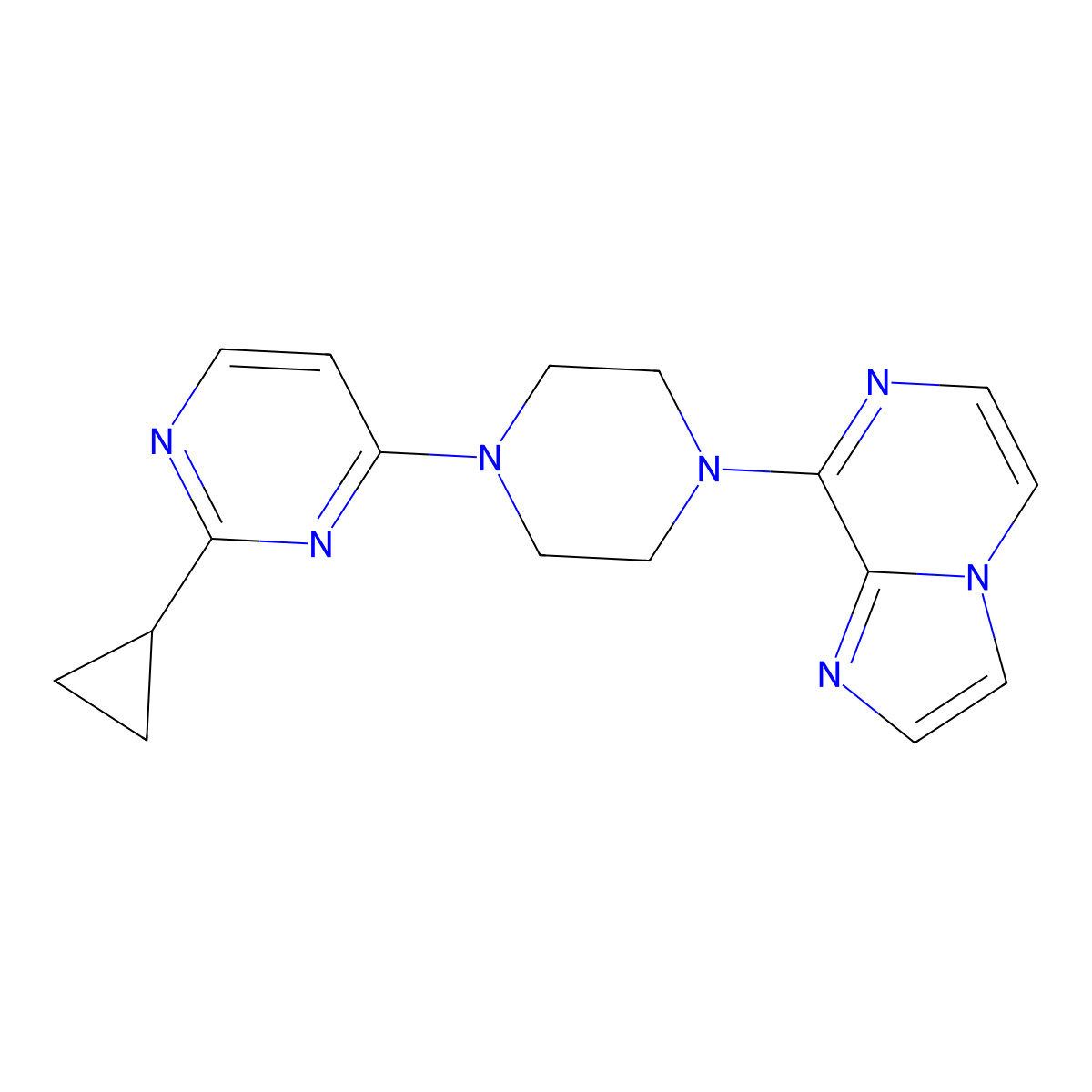 2-Cyclopropyl-4-(4-{imidazo[1,2-a]pyrazin-8-yl}piperazin-1-yl)pyrimidine molecular structure, CAS 3054602-42-2