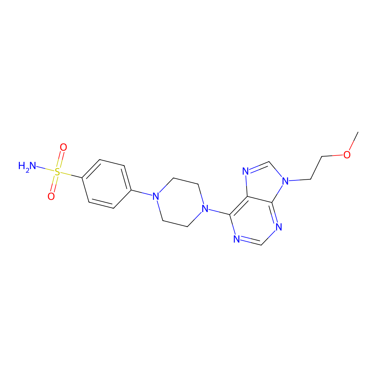 4-{4-[9-(2-methoxyethyl)-9H-purin-6-yl]piperazin-1-yl}benzene-1-sulfonamide molecular structure, CAS 3054602-47-7