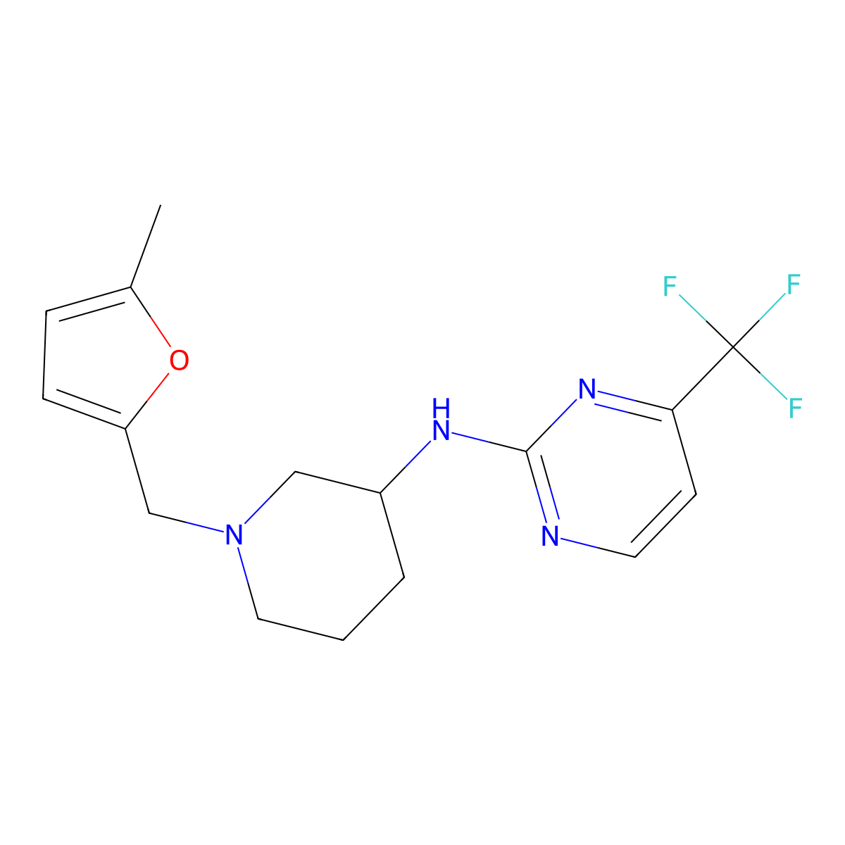 N-{1-[(5-methylfuran-2-yl)methyl]piperidin-3-yl}-4-(trifluoromethyl)pyrimidin-2-amine molecular structure, CAS 3054602-49-9