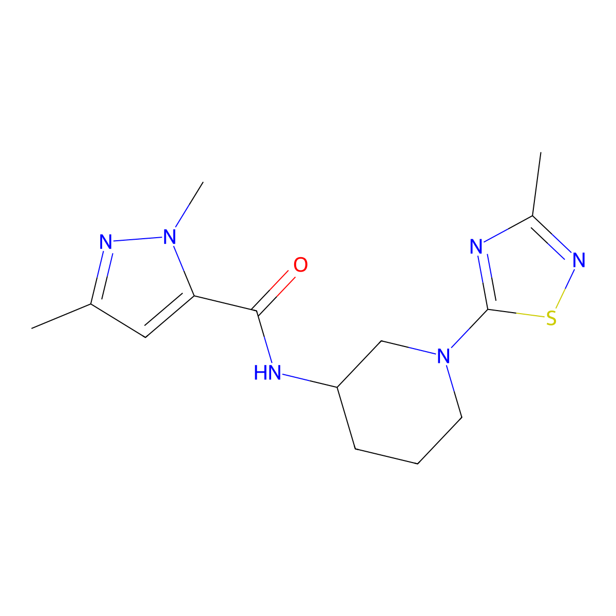 1,3-dimethyl-N-[1-(3-methyl-1,2,4-thiadiazol-5-yl)piperidin-3-yl]-1H-pyrazole-5-carboxamide molecular structure, CAS 3054602-59-1