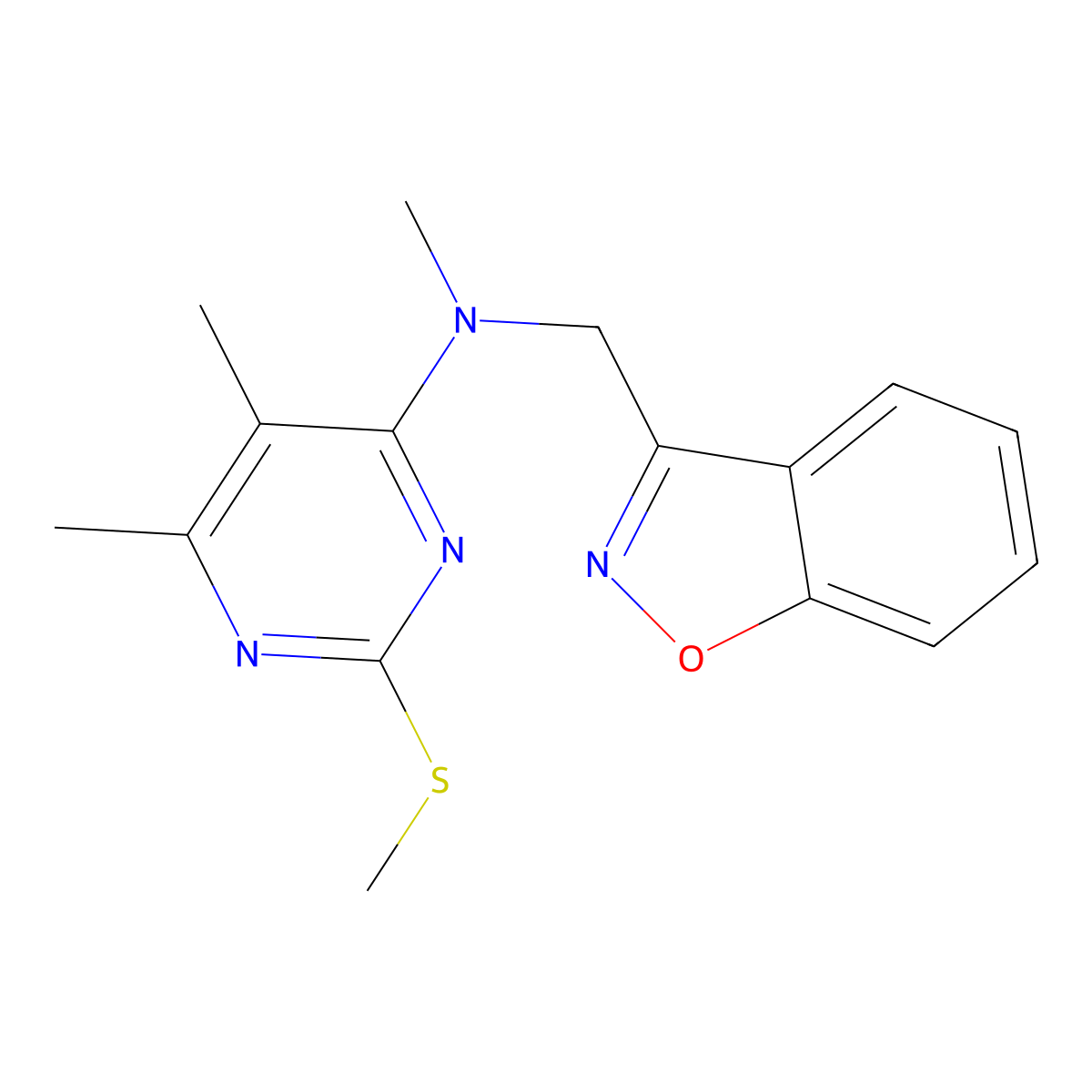 N-[(1,2-benzoxazol-3-yl)methyl]-N,5,6-trimethyl-2-(methylsulfanyl)pyrimidin-4-amine molecular structure, CAS 3054602-65-9
