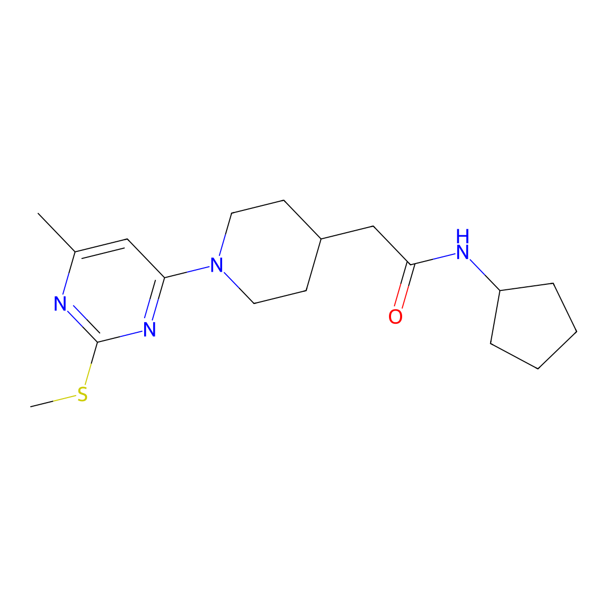 N-cyclopentyl-2-{1-[6-methyl-2-(methylsulfanyl)pyrimidin-4-yl]piperidin-4-yl}acetamide molecular structure, CAS 3054602-67-1
