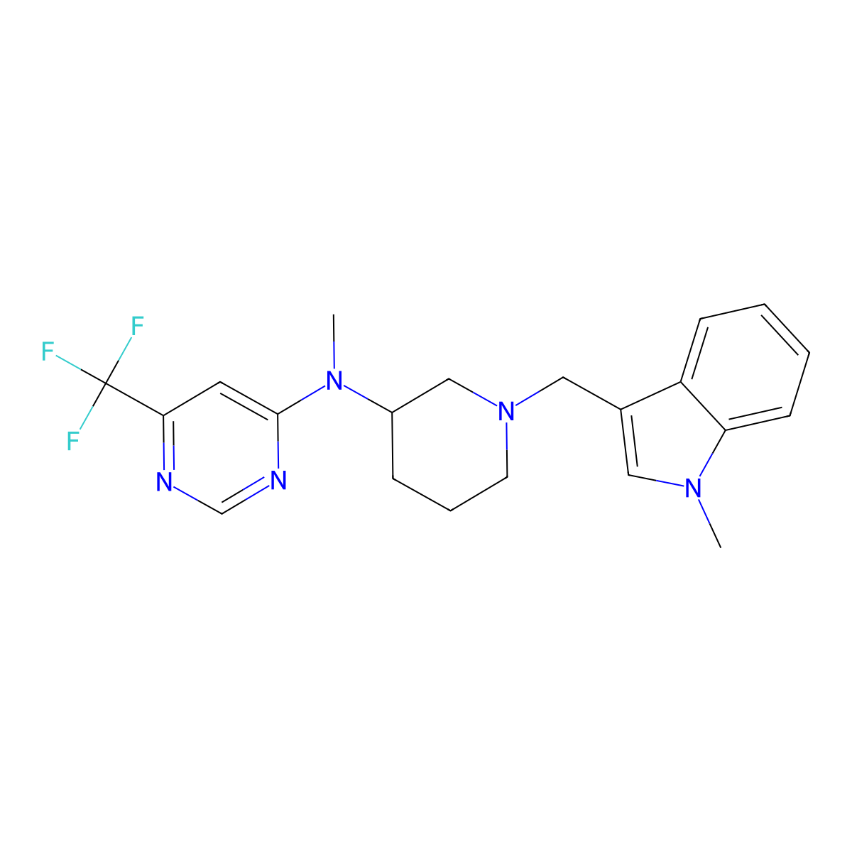 N-methyl-N-{1-[(1-methyl-1H-indol-3-yl)methyl]piperidin-3-yl}-6-(trifluoromethyl)pyrimidin-4-amine molecular structure, CAS 3054602-69-3