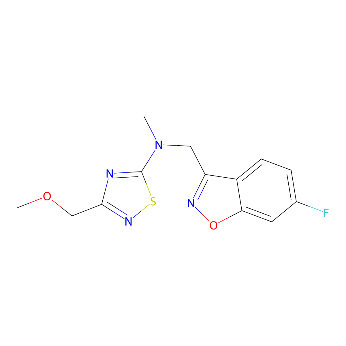 N-[(6-fluoro-1,2-benzoxazol-3-yl)methyl]-3-(methoxymethyl)-N-methyl-1,2,4-thiadiazol-5-amine molecular structure, CAS 3054602-73-9