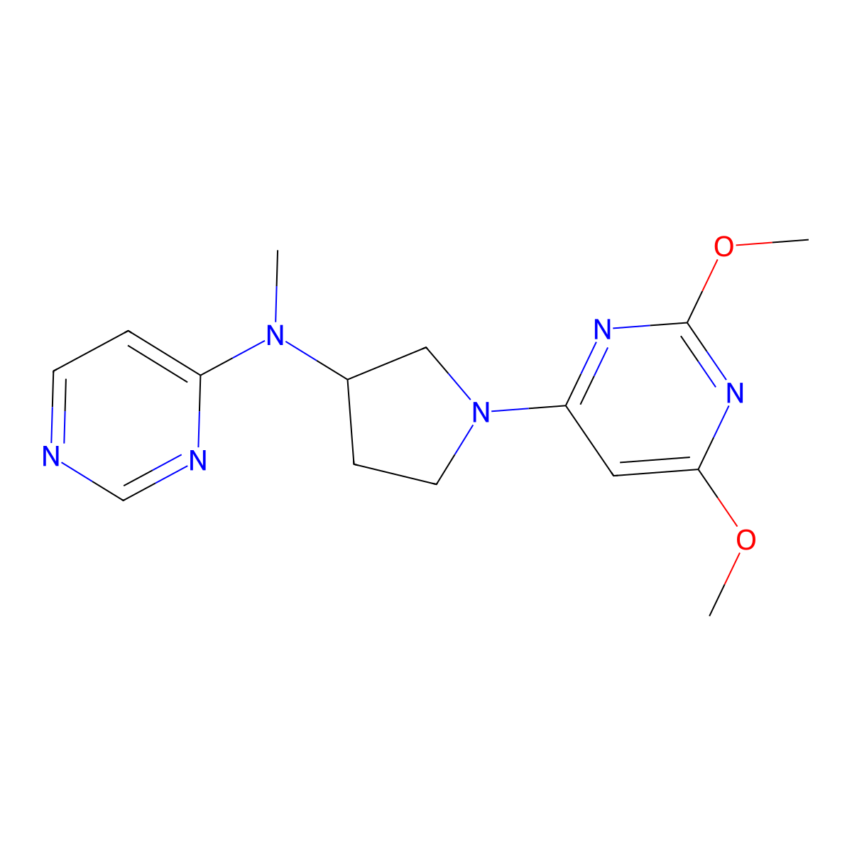N-[1-(2,6-dimethoxypyrimidin-4-yl)pyrrolidin-3-yl]-N-methylpyrimidin-4-amine molecular structure, CAS 3054602-75-1