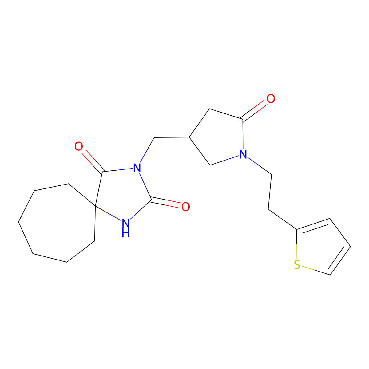 3-({5-Oxo-1-[2-(thiophen-2-yl)ethyl]pyrrolidin-3-yl}methyl)-1,3-diazaspiro[4.6]undecane-2,4-dione molecular structure, CAS 3054602-78-4
