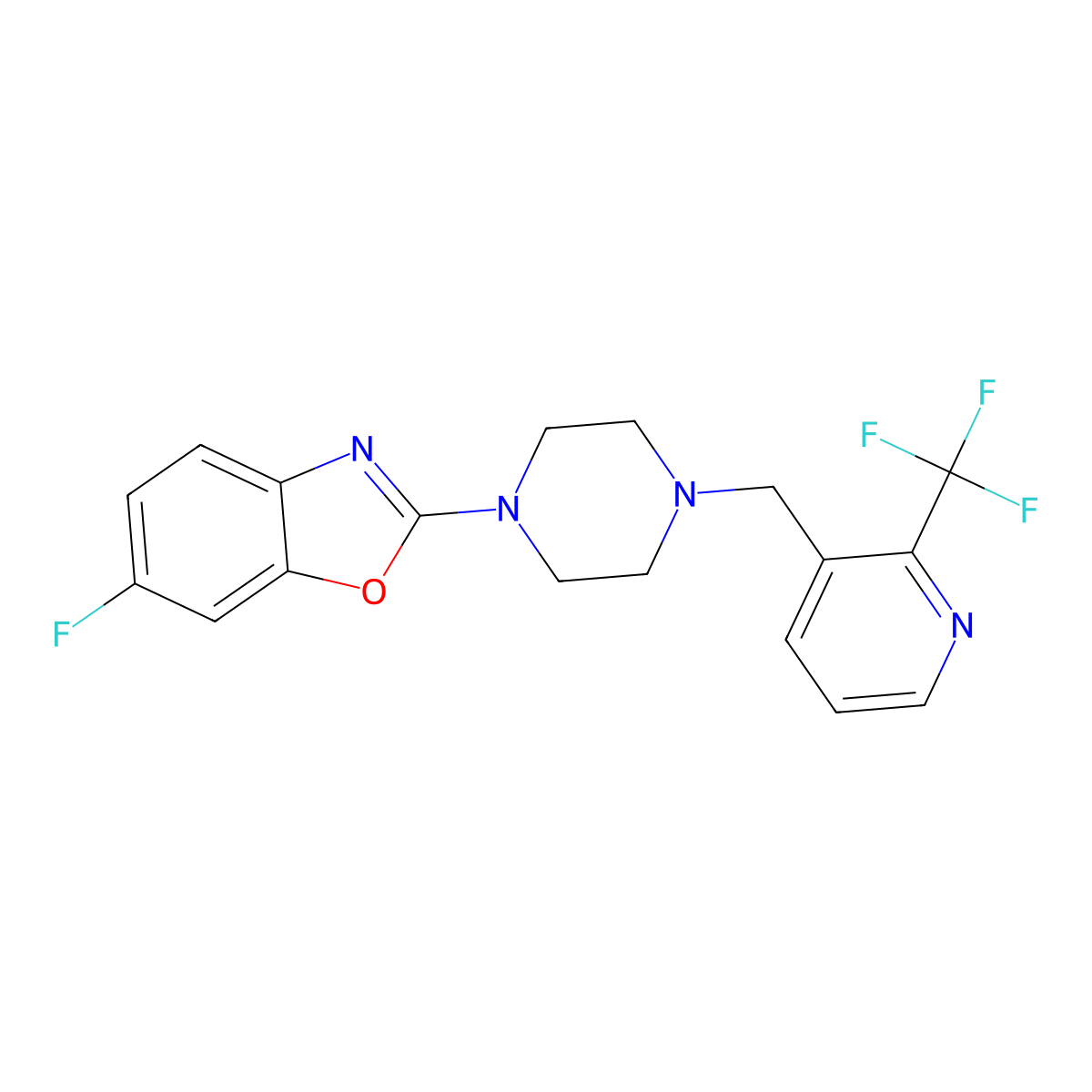 6-Fluoro-2-(4-{[2-(trifluoromethyl)pyridin-3-yl]methyl}piperazin-1-yl)-1,3-benzoxazole molecular structure, CAS 3054602-87-5