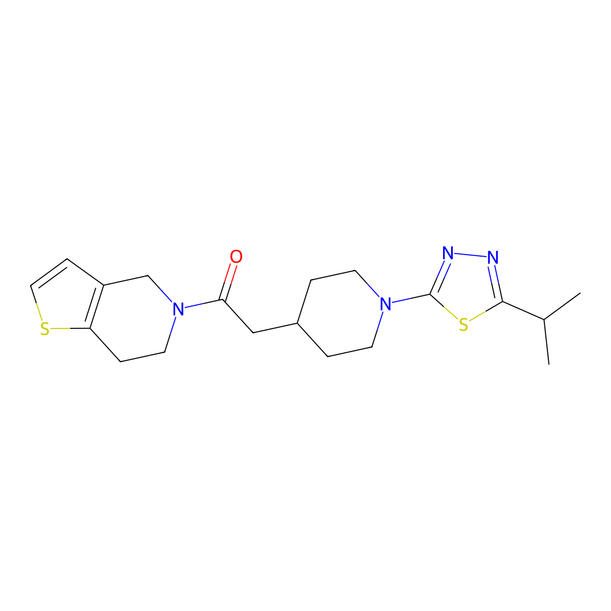 2-{1-[5-(propan-2-yl)-1,3,4-thiadiazol-2-yl]piperidin-4-yl}-1-{4H,5H,6H,7H-thieno[3,2-c]pyridin-5-yl}ethan-1-one molecular structure, CAS 3054602-88-6