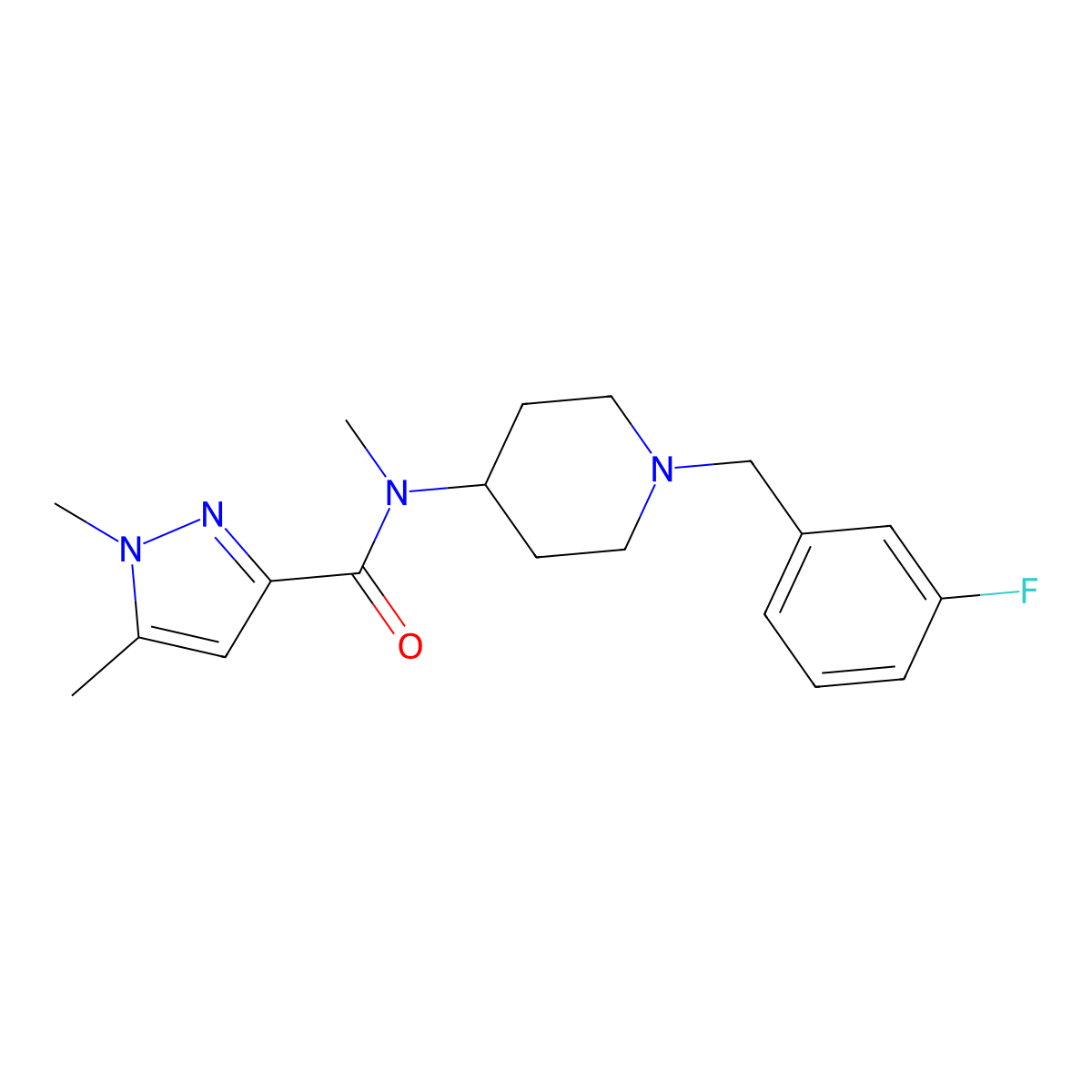 N-{1-[(3-fluorophenyl)methyl]piperidin-4-yl}-N,1,5-trimethyl-1H-pyrazole-3-carboxamide molecular structure, CAS 3054602-89-7