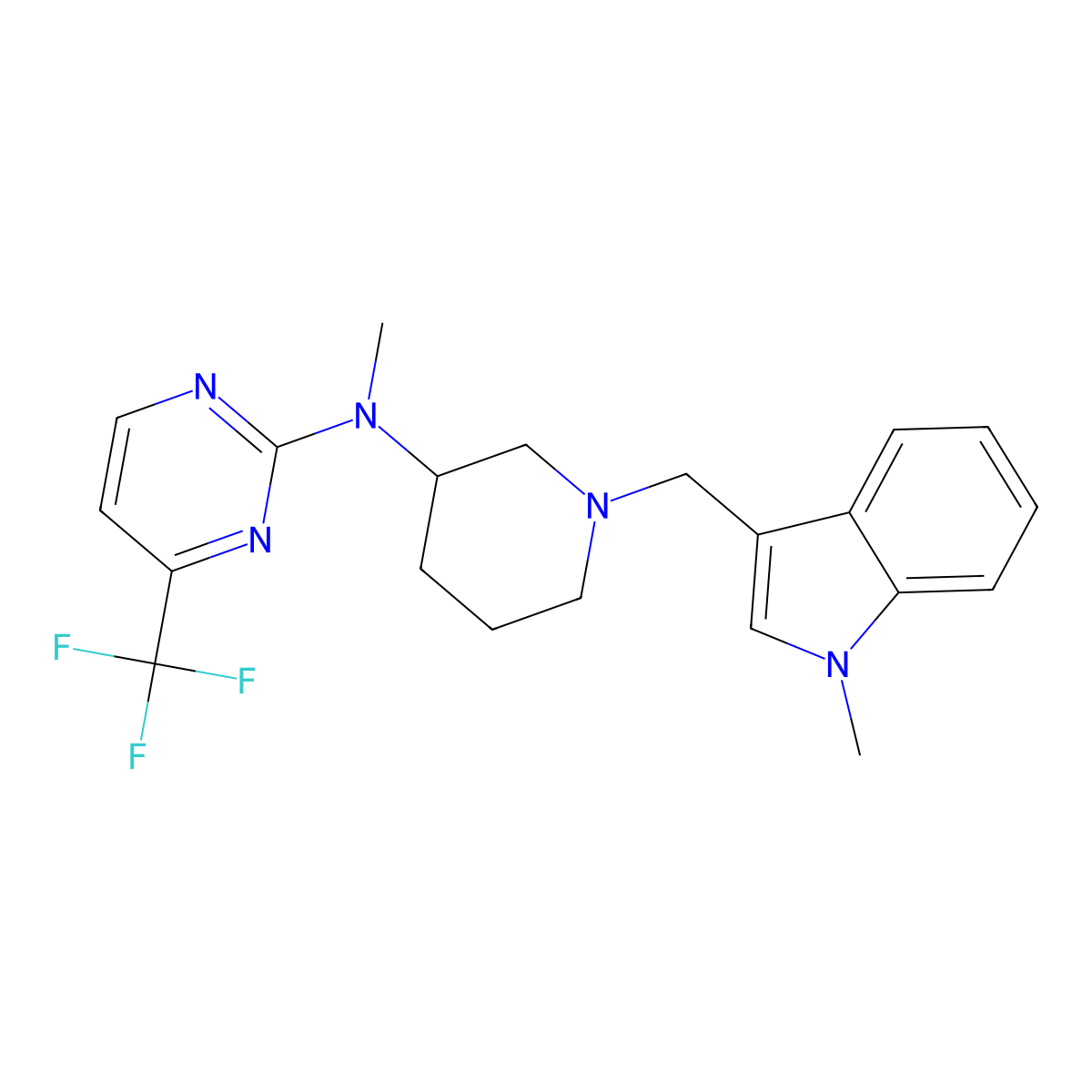 N-methyl-N-{1-[(1-methyl-1H-indol-3-yl)methyl]piperidin-3-yl}-4-(trifluoromethyl)pyrimidin-2-amine molecular structure, CAS 3054602-90-0