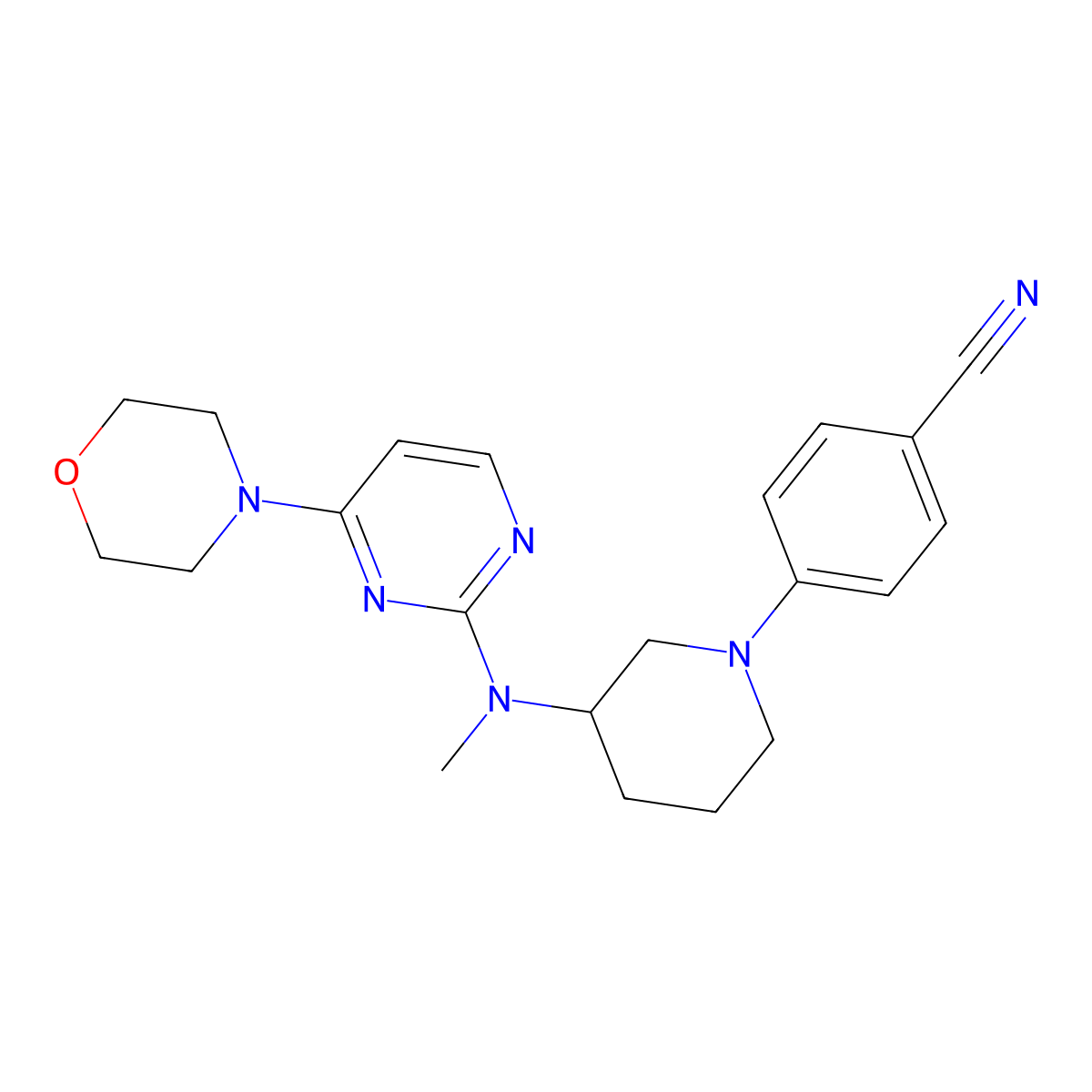 4-(3-{Methyl[4-(morpholin-4-yl)pyrimidin-2-yl]amino}piperidin-1-yl)benzonitrile molecular structure, CAS 3054602-92-2