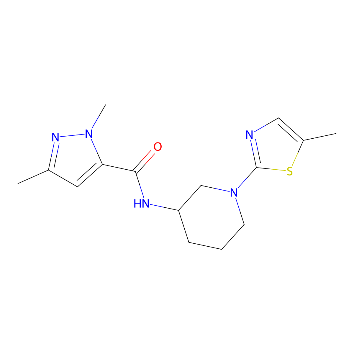 1,3-dimethyl-N-[1-(5-methyl-1,3-thiazol-2-yl)piperidin-3-yl]-1H-pyrazole-5-carboxamide molecular structure, CAS 3054603-00-5