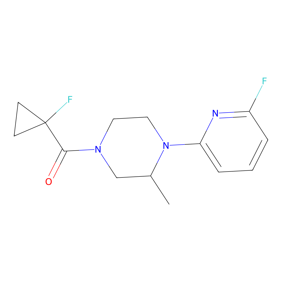4-(1-Fluorocyclopropanecarbonyl)-1-(6-fluoropyridin-2-yl)-2-methylpiperazine molecular structure, CAS 3054603-01-6
